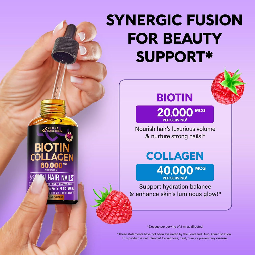 Liquid Biotin & Collagen - Vitamins for Hair Growth Support for Women & Men - Extra Strength 60000 mcg Drops - B7 Supplement - Strong Nails & Healthy Skin - 98% Faster Absorption Than Pills