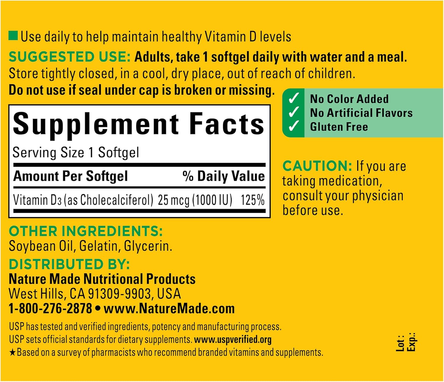 Nature Made Vitamin D3 1000 IU (25 mcg), Vitamin D Supplement for Bone, Teeth, Muscle and Immune Health Support, 180 Softgels, 180 Day Supply
