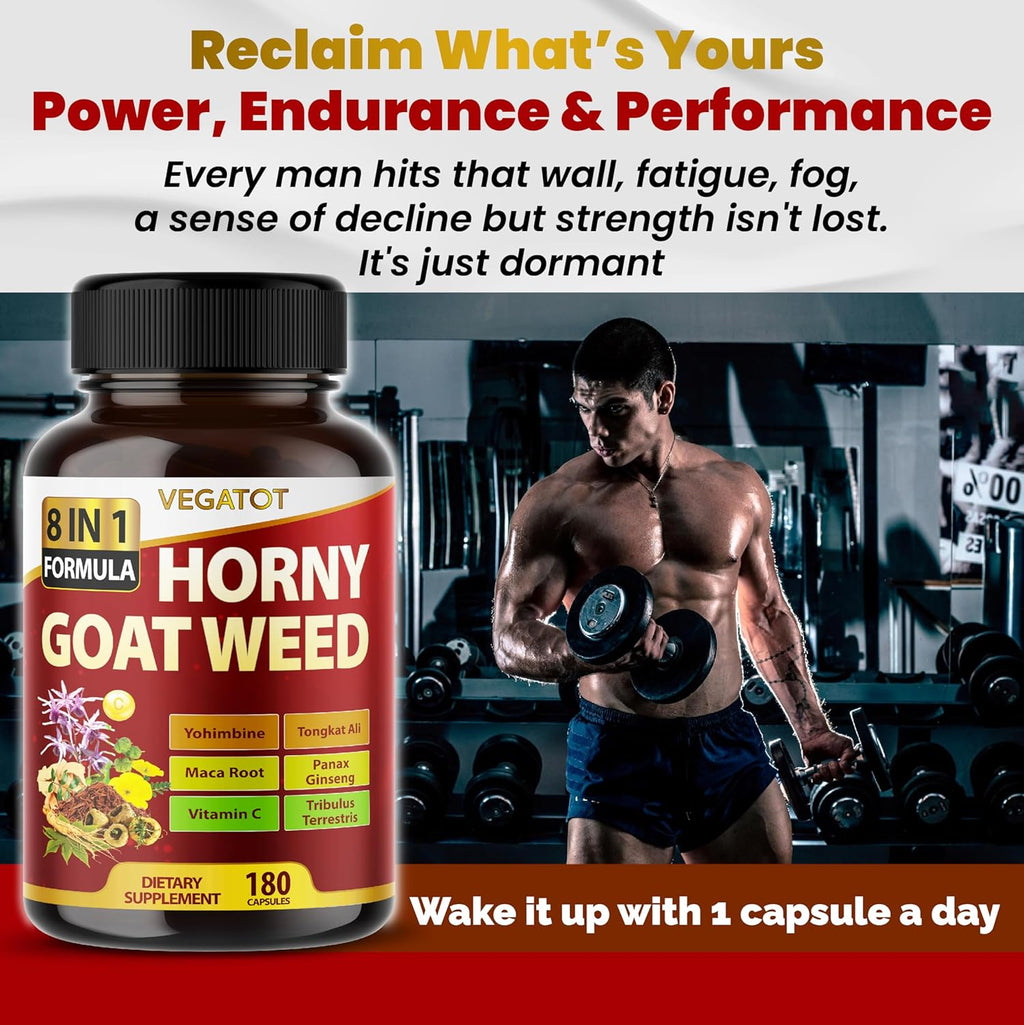 Horny Goat Weed 600 mg with Yohimbine, Tongkat Ali, Maca, Tribulus & Panax Ginseng – 8-in-1 Strength & Vitality Support – 180 Capsules – Vegatot – Gluten-Free, Lab Verified