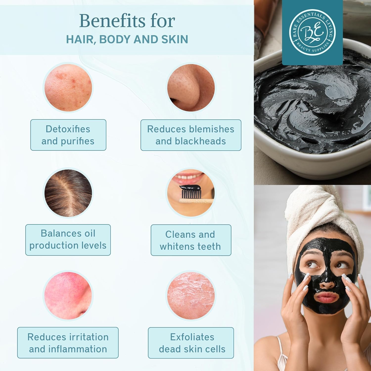 Bare Essentials Living - Bentonite Clay Powder and Activated Charcoal Powder Blend (8oz) Great for Charcoal Face Mask, Facial, Hair Mud Mask, DIY Bentonite Clay Toothpaste, & Charcoal for Soap Making