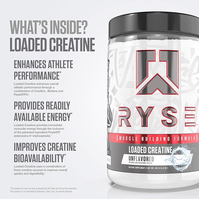RYSE Loaded Creatine for Men & Women - Unflavored - Muscle Building Formula with 3 Forms of Electrolytes, Betaine Anhydrous and Peak ATP - Strength, Power & Endurance Support - 30 Servings