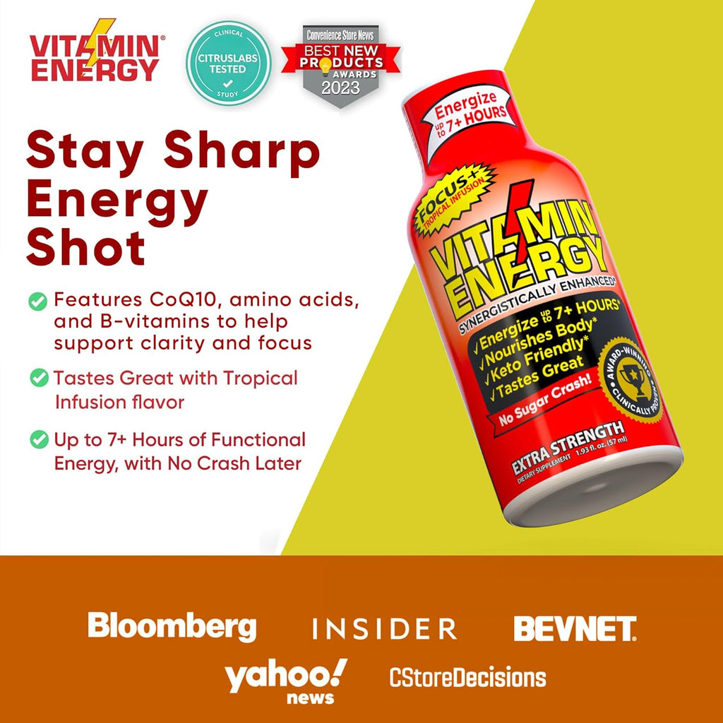 Vitamin Energy Focus+ Extra Strength Energy Shot Tropical Infusion 12 Pack, 260mg Natural Caffeine, B-Vitamins, CoQ10, Amino Acids, Focus, Productivity & Clarity, Zero Sugar, Gluten-Free, 1.93 fl oz