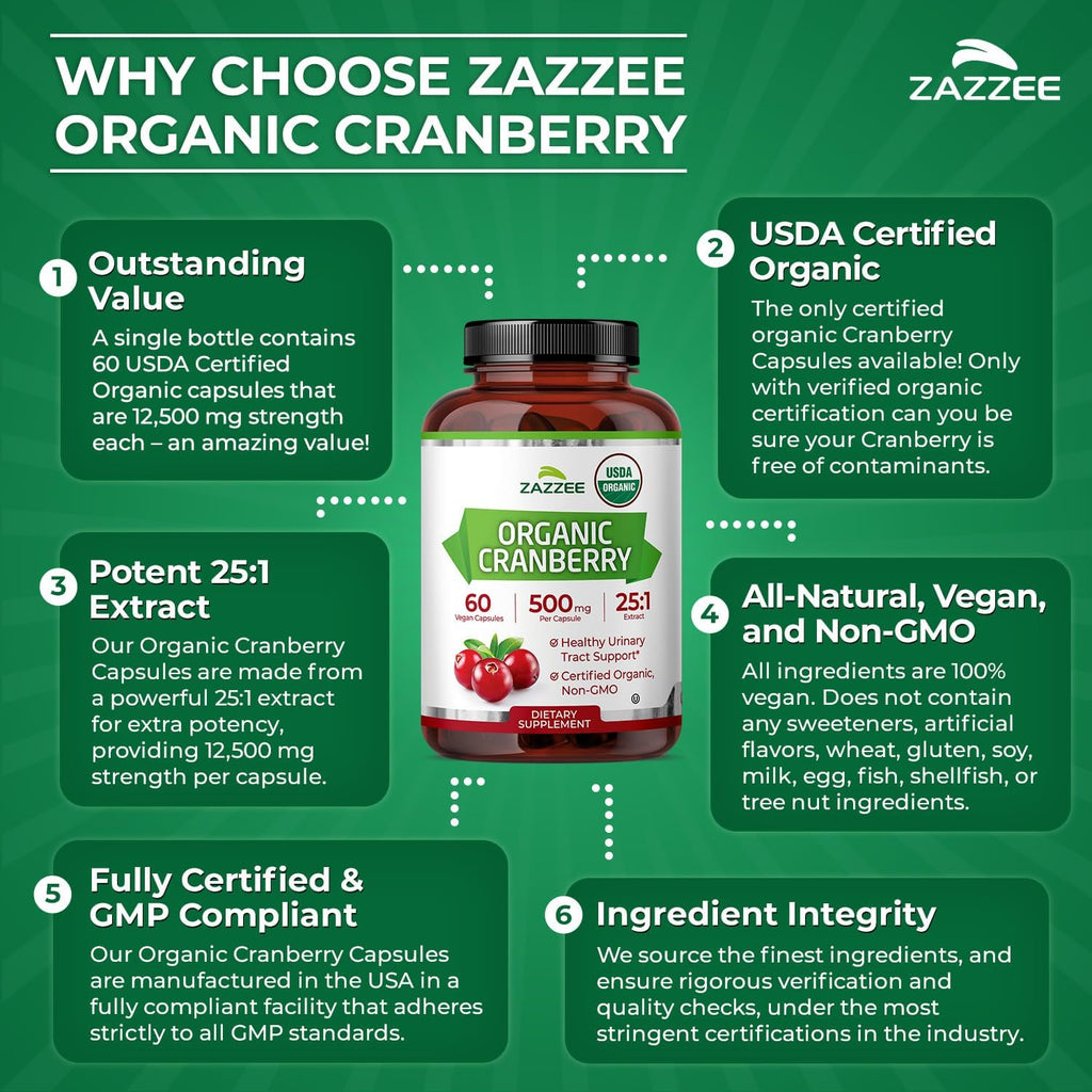 Zazzee USDA Organic Cranberry 25:1 Extract, 500 mg per Capsule, 60 Vegan Capsules, 2 Month Supply, Standardized, Concentrated 25X Extract, 100% Vegetarian, Certified Organic, Non-GMO All-Natural