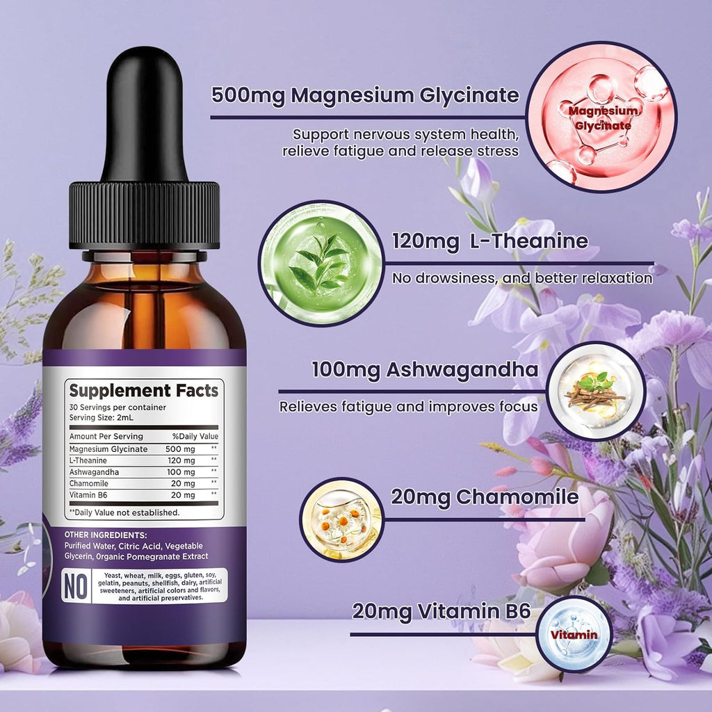 Magnesium Glycinate Liquid Drops 500mg, with Vitamin B6, Ashwagandha, L - Theanine, Chamomile, Magnesium Glycinate Supplement High Absorption for Sleep, Stress, Energy, Mood - Pomegranate Flavor
