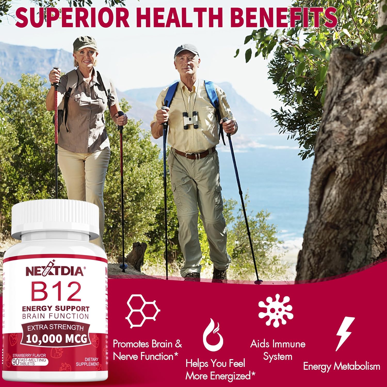 Vitamin B12, Methylcobalamin 10000 mcg, Active B12 Vitamins, Vegan Methyl B12 For Energy Metabolism & Brain Health, Boost Immune System, Natural Strawberry Flavor, Zero Sugar, 90 Fast Dissolve Tablets