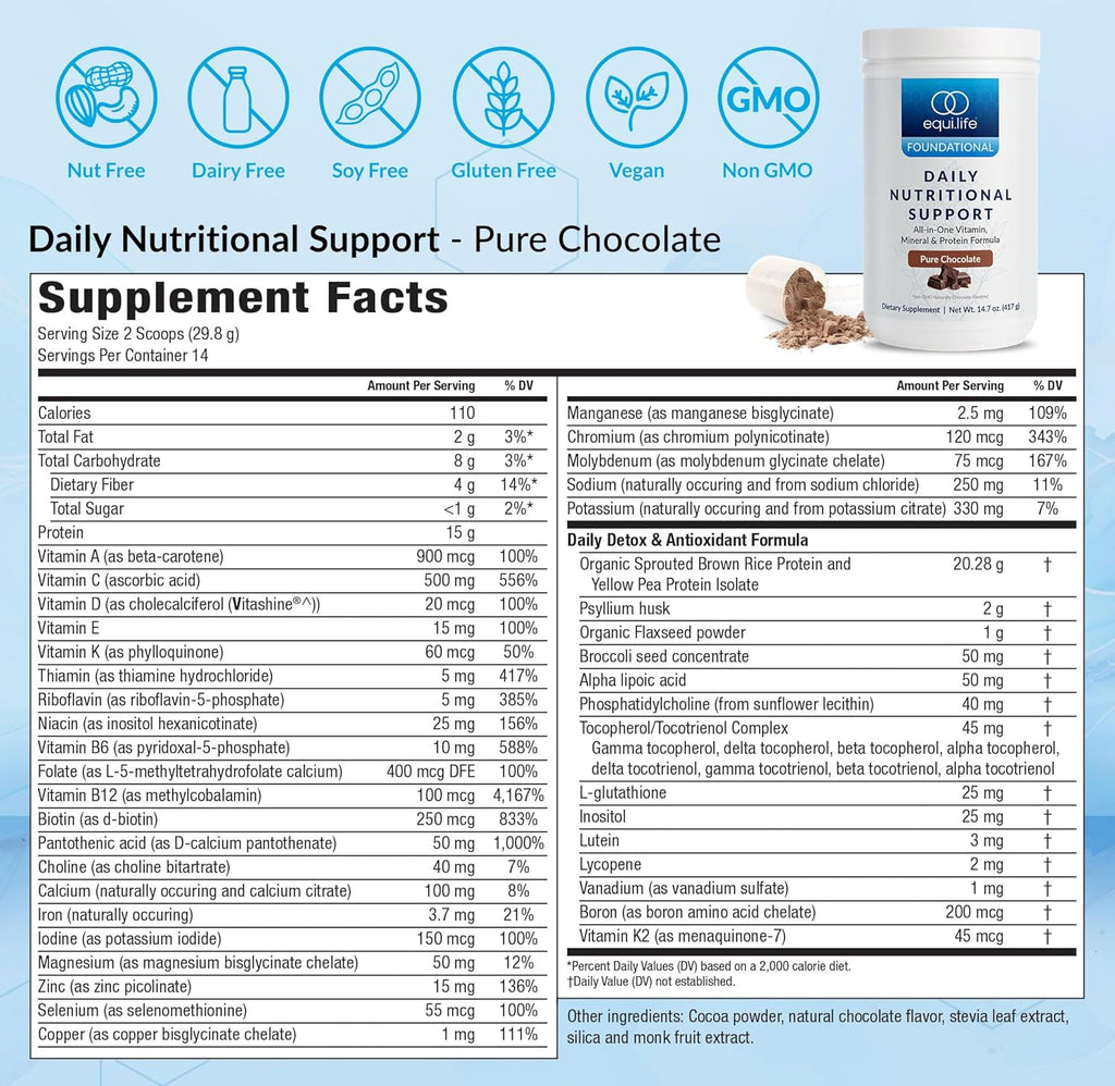 Equilife Daily Nutritional Support, All-in-One Multivitamin Meal Replacement, Pure Chocolate Flavor, 15G Plant Protein, Supports Overall Wellness Including Energy, Digestion, & Skin, 14 Servings Tub