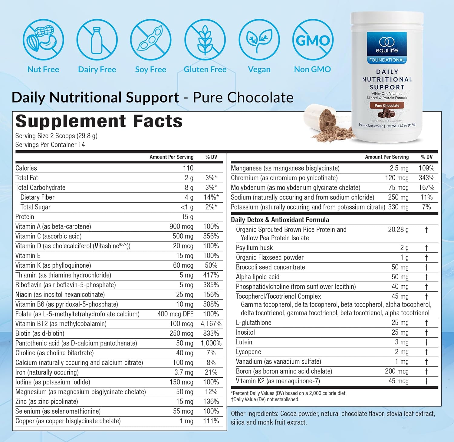 Equilife Daily Nutritional Support, All-in-One Multivitamin Meal Replacement, Pure Chocolate Flavor, 15G Plant Protein, Supports Overall Wellness Including Energy, Digestion, & Skin, 14 Servings Tub