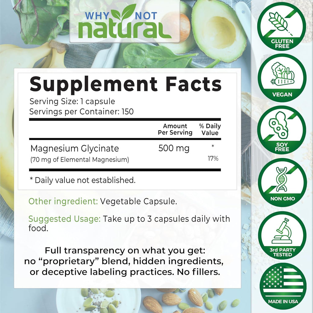 Why Not Natural Magnesium Glycinate 500 mg Capsules Supplement - Vegan, No Filler - Supports Sleep and Relaxation