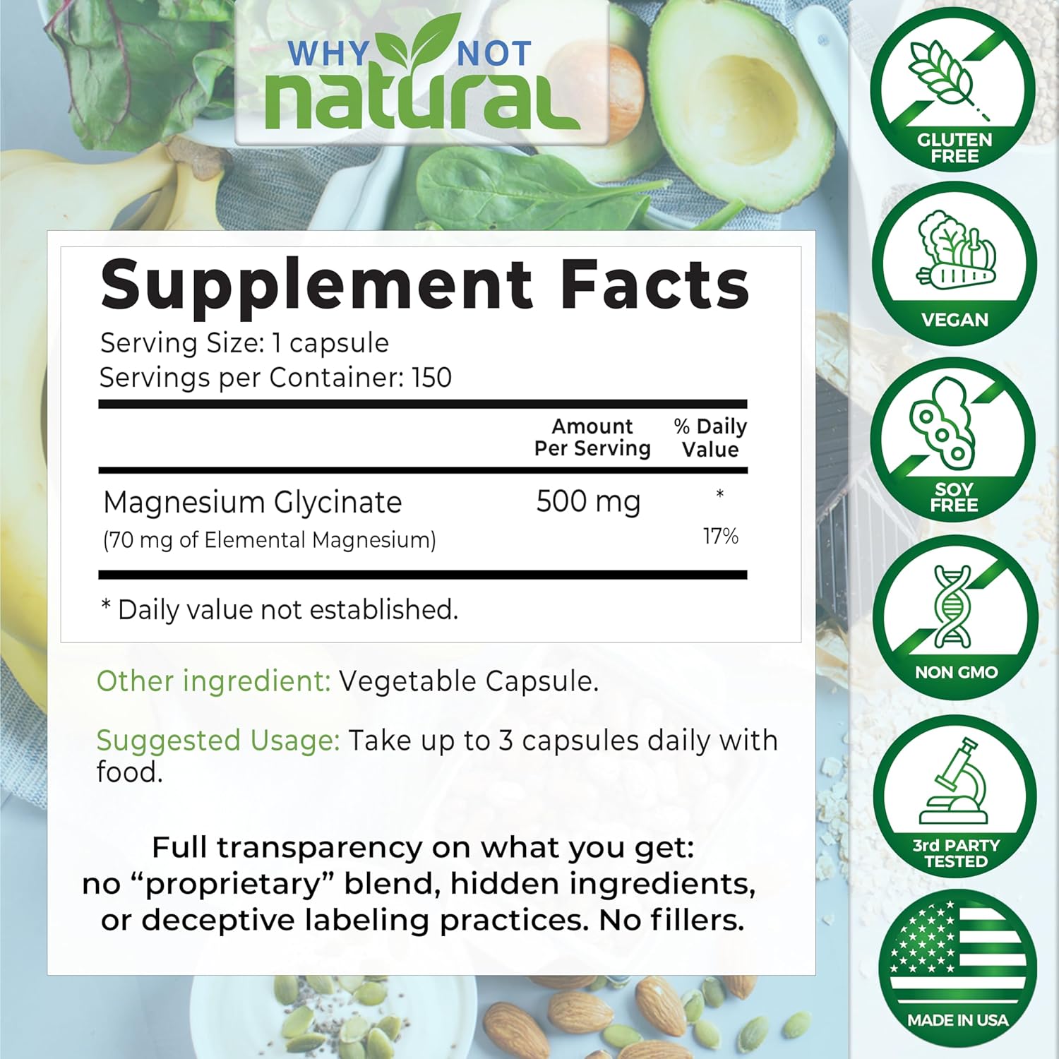 Why Not Natural Magnesium Glycinate 500 mg Capsules Supplement - Vegan, No Filler - Supports Sleep and Relaxation