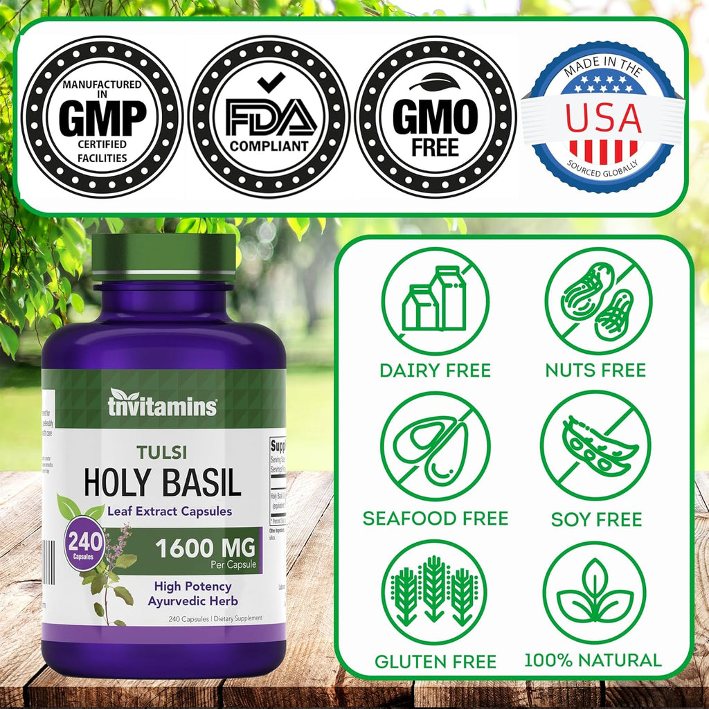 Holy Basil Capsules (1,600 mg Equivalent - 240 Capsules) | 8 Month Supply | AKA Tulsi | May Promote Stress & Frustration Relief* | Adaptogenic, & Ayurvedic Herb