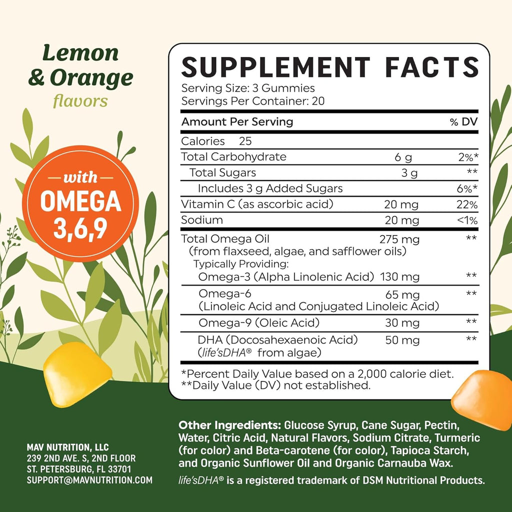 Omega 3 6 9 + DHA Gummies | Plant-Based Triple Omegas from Algae & Chia Seed Oil | with 50mg of DHA | Vegetarian, Non-GMO, Gluten-Free, Essential Fatty Acid Supplements for Adults | 60 Gummies