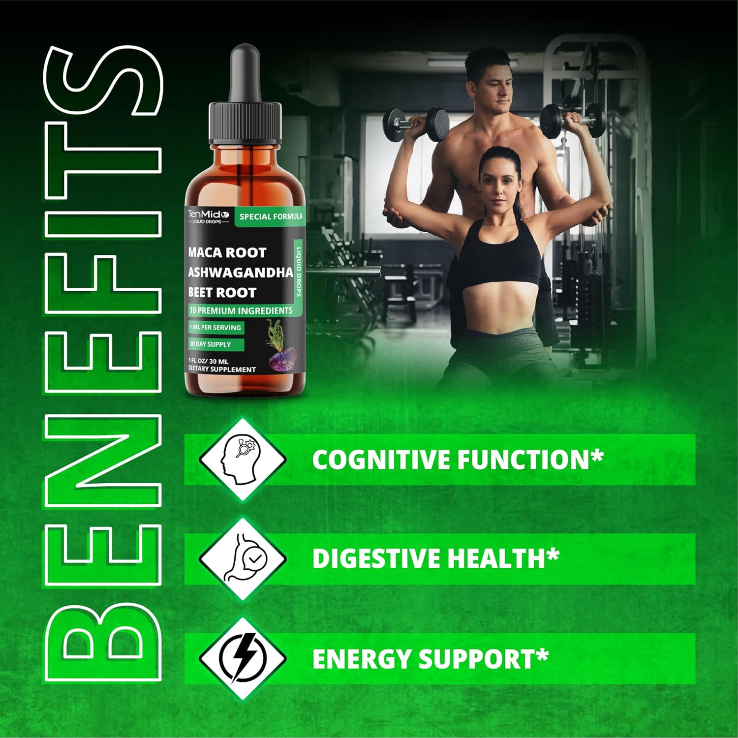 10in1 Maca Liquid Drops with Ashwagandha, Fenugreek, Beet Root, L-Arginine,Turmeric,Ginseng & More - 30 Days Supply - 1FL Oz