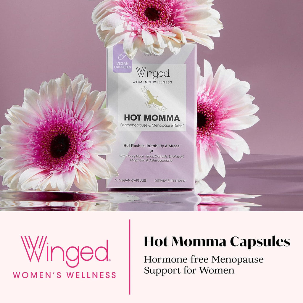 Winged Wellness Hot Momma Menopause Supplements for Women - Hormone-Free Menopause Relief Support for Hot Flashes & Night Sweats with Chaste Tree Berry, Multivitamins & More - 60 Vegan Capsules