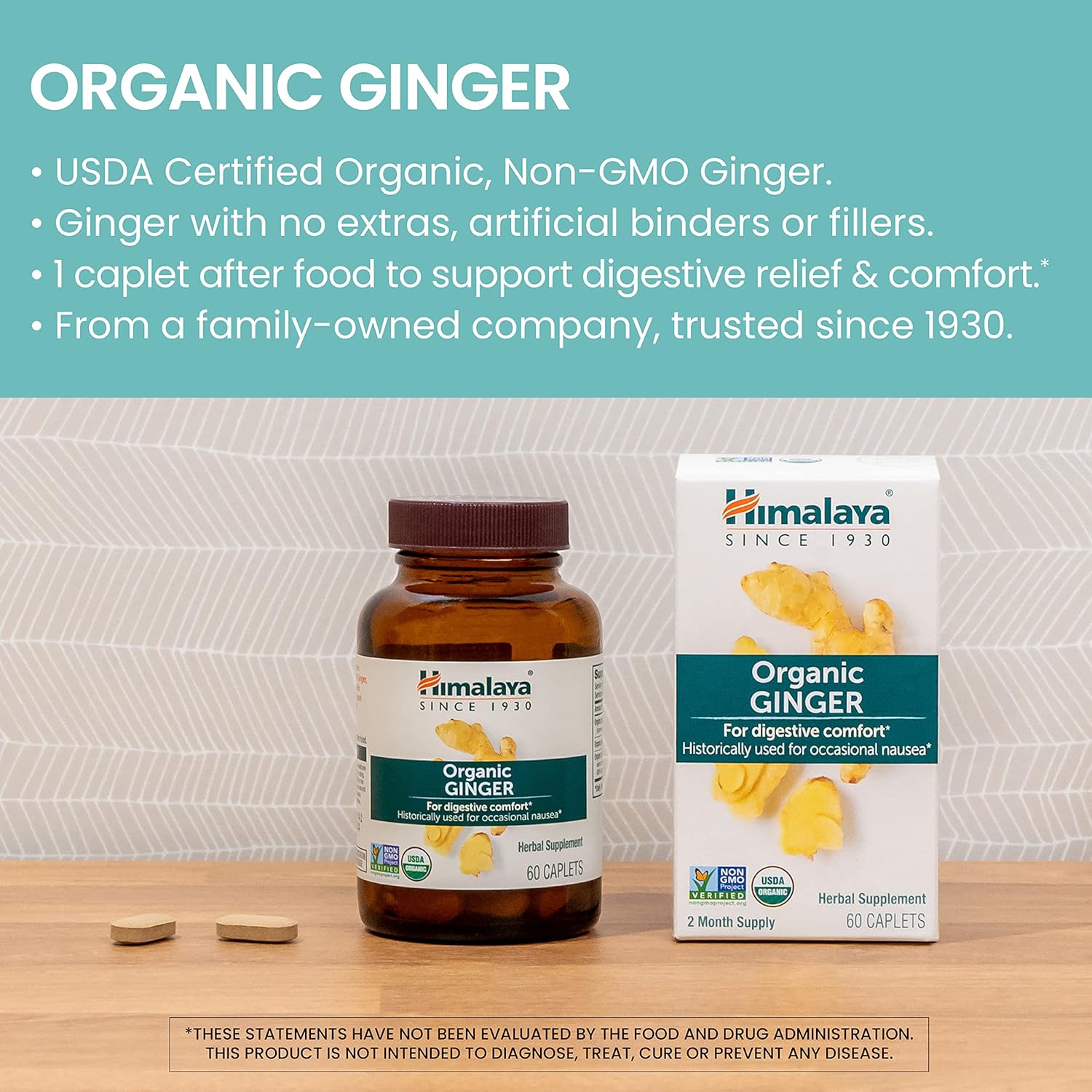 Himalaya Organic Ginger, 60 Day Supply - Digestive Health Supplement for Nausea, Upset Stomach Relief, and Occasional Bloating and Heartburn - USDA Organic, Vegan, Non-GMO, Gluten Free, 60 Caplets