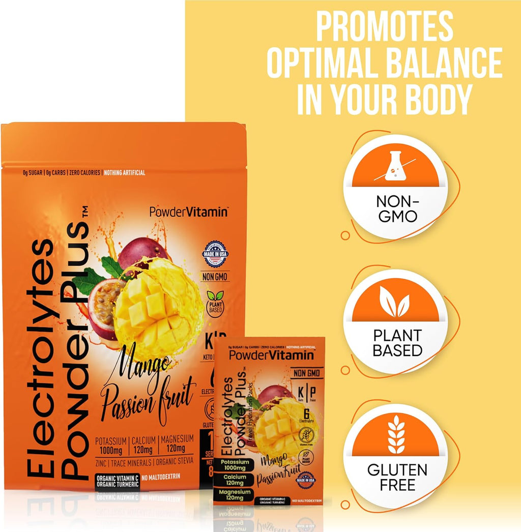 PowderVitamin Electrolytes Powder Plus, Keto, Mango Passionfruit, Sugar Free, Pink Himalayan Salt, 1000mg Potassium, 120mg Calcium, 120mg Magnesium, Non-GMO, Zero Calories, (16 Hydration Packets)
