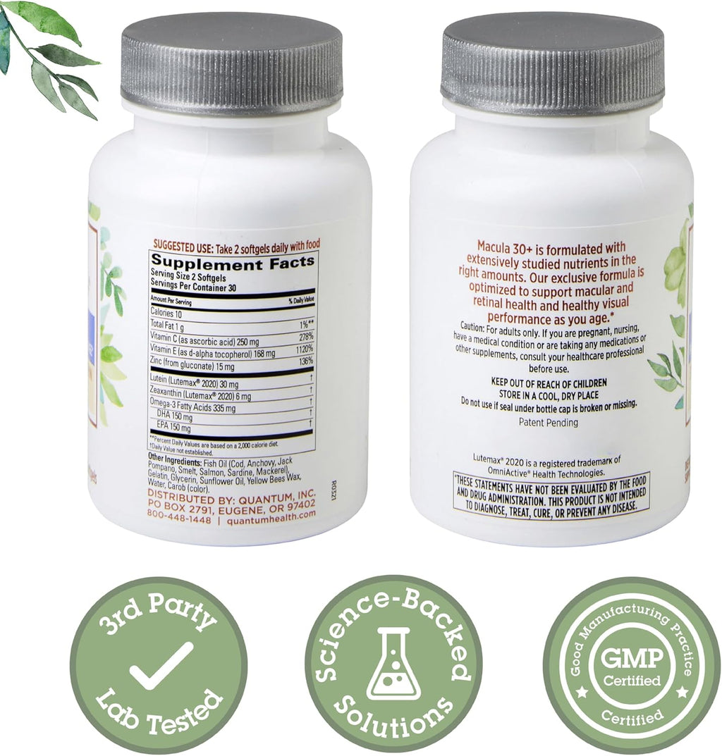 Quantum Health Macula 30+ Eye Care Supplement Promotes Macular & Retinal Health as You Age with Lutein Zeaxanthin Omega-3 Vitamins C & E Daily Nutrition for Women & Men - 60 Softgels
