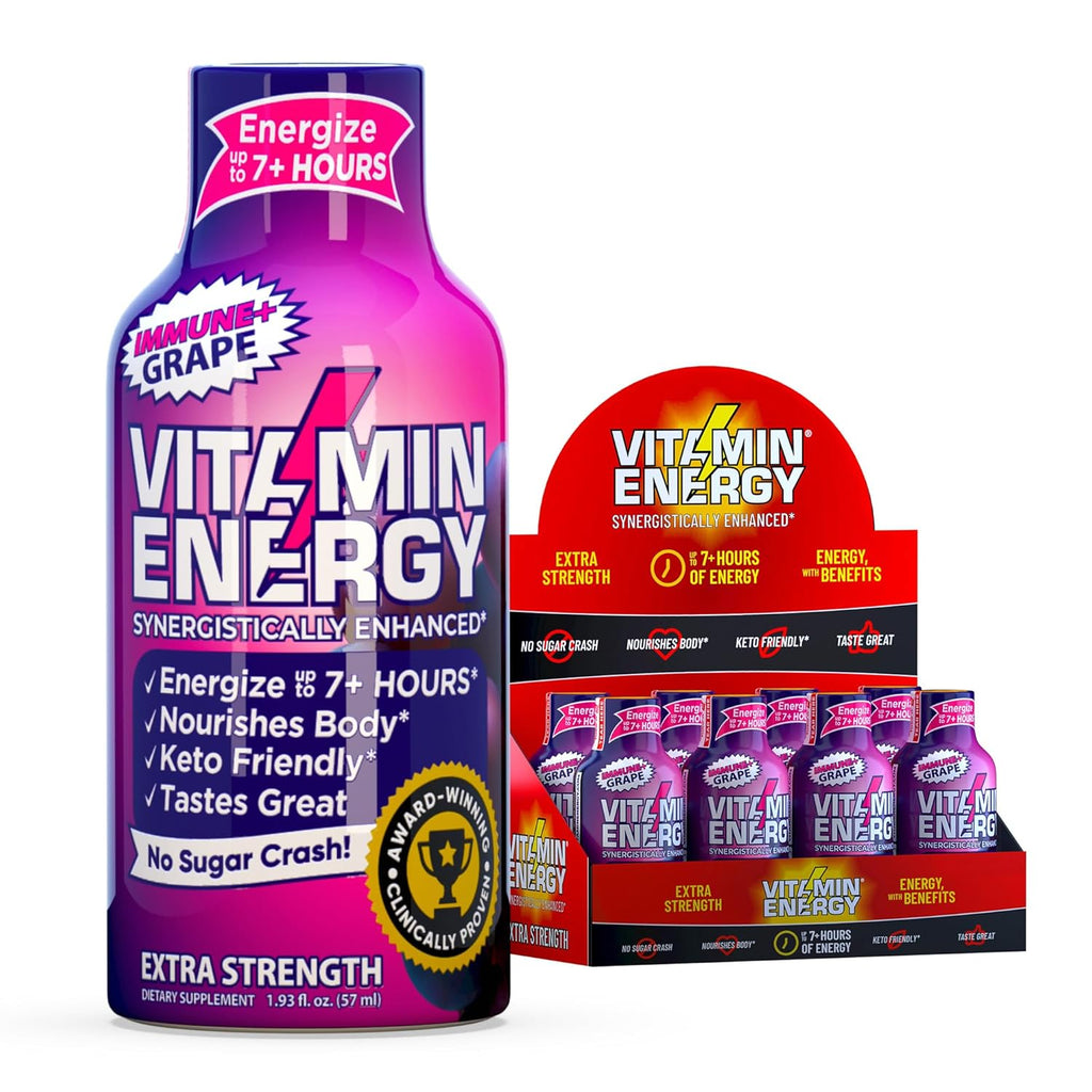 Vitamin Energy Immune+ Extra Strength Energy Shot Grape 8 Pack, 260mg Natural Caffeine, B-Vitamins, Citicoline, Green Tea, Immunity & Focus Support, Zero Sugar, Gluten-Free 1.93 fl oz