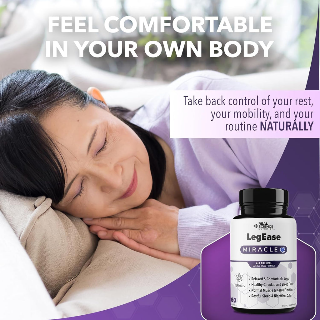 Real Science LegEase Miracle – All Natural Restless Legs Syndrome Relief & Leg Cramp Supplement with Vitamins C, D, K, B6, B12 + Nitric Oxide Support – Sleep & Circulation Aid – Made in USA, 60 Caps