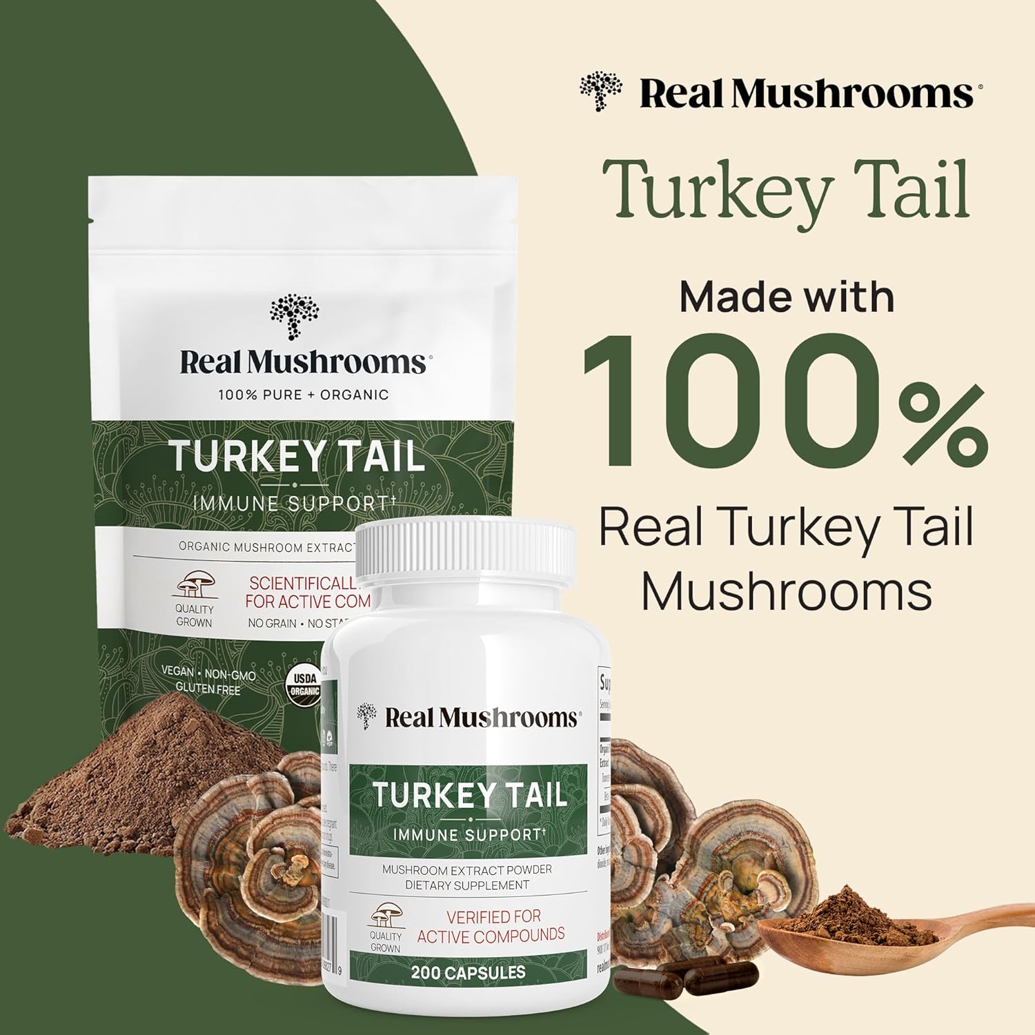 Real Mushrooms Turkey Tail Mushroom Powder – Organic Mushroom Extract for Daily Wellness Gut Harmony, & Energy Support with Beta Glucans – Vegan, Non-GMO, 45 Servings Functional Supplement