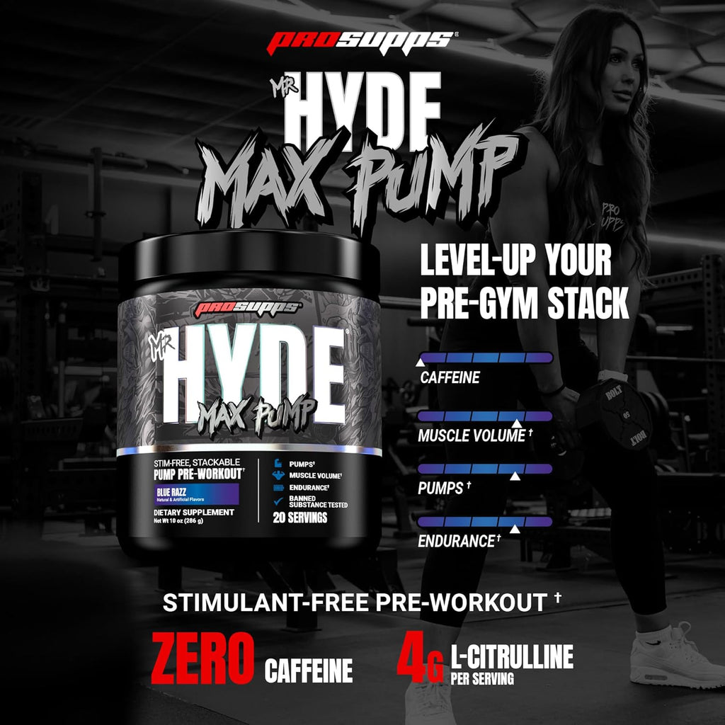 PROSUPPS Mr. Hyde Max Pump Pre Workout Powder - Stim-Free Preworkout Supports Blood Flow, Muscle Volume & Endurance - Caffeine-Free Nitric Oxide Gym & Fitness Supplements (Blue Razz, 20 Servings)