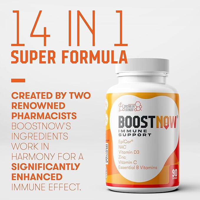 BoostNow Immune Support Capsules, 14-in-1 Formula with EpiCor 500mg, Zinc, Vitamin C, D-3, Elderberry & More - 90 Count