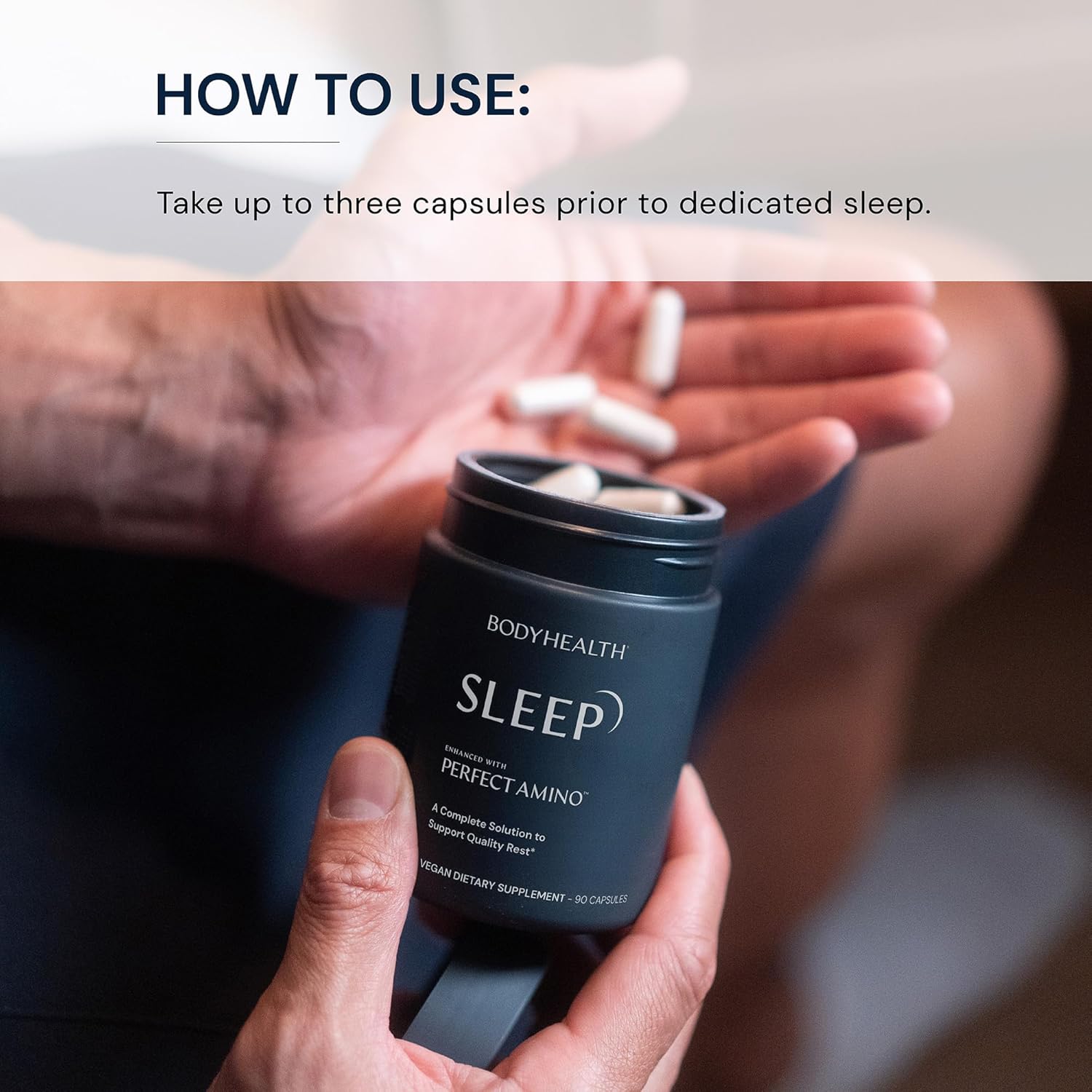 BodyHealth Sleep, Sleep Aid and Supplement for Adults with 3 mg Melatonin, Non-Habit Forming Pills Enhanced with PerfectAmino - 90 Capsules