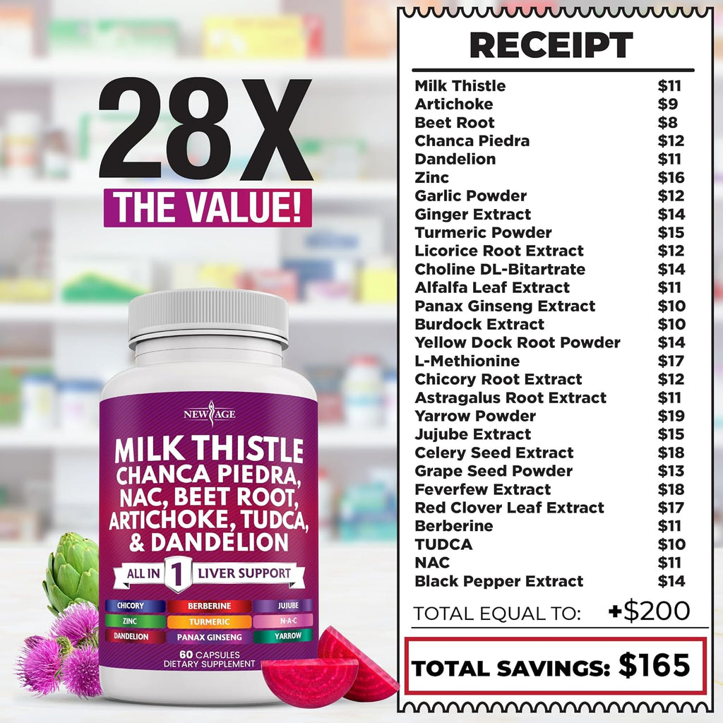 NEW AGE Milk Thistle NAC Chanca Piedra Beet Root Artichoke Dandelion Root Astragalus - Plus TUDCA & Ginger - 60 Count