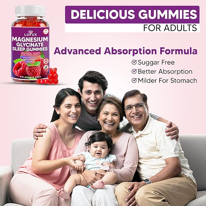 Lofux Magnesium Glycinate Gummies 400mg, Sugar Free Magnesium Gummies for Adults Women, Men, Chewable Supplement Gummy with L-Threonate, Vitamin D, B6, CoQ10 - for Calm, Sleep, Body Relaxation, 60 Ct
