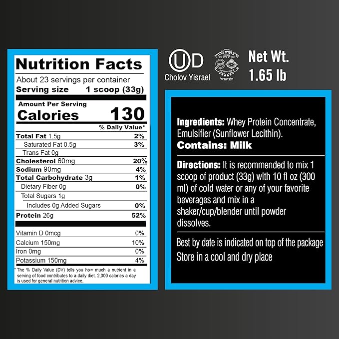 Unflavored Whey Protein Powder. 25g Protein Shake for Post Workout Recovery, Smoothie & Baking. Gluten & Sugar Free, Highly Kosher, Essential Amino Acids (5.5g BCAA, 2.7g Leucine), 1.65lbs 23 Servings