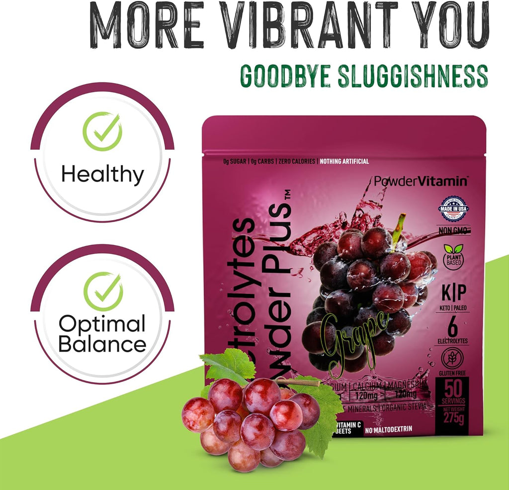 PowderVitamin Electrolytes Powder Plus (50 Servings) Grape Electrolyte Powder Zero Calorie Keto, 0 Sugar, No Maltodextrin,1000mg Potassium,120mg Calcium,120mg Magnesium, Hydration Powder