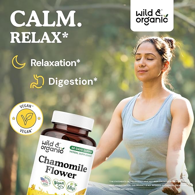 Wild & Organic Chamomile Extract Capsules 800 mg - Relaxation & Digestive Support - Chamomile Flower Extract Supplement - Matricaria Recutita Herb - Vegan, No Fillers, Non-GMO - 120 Count