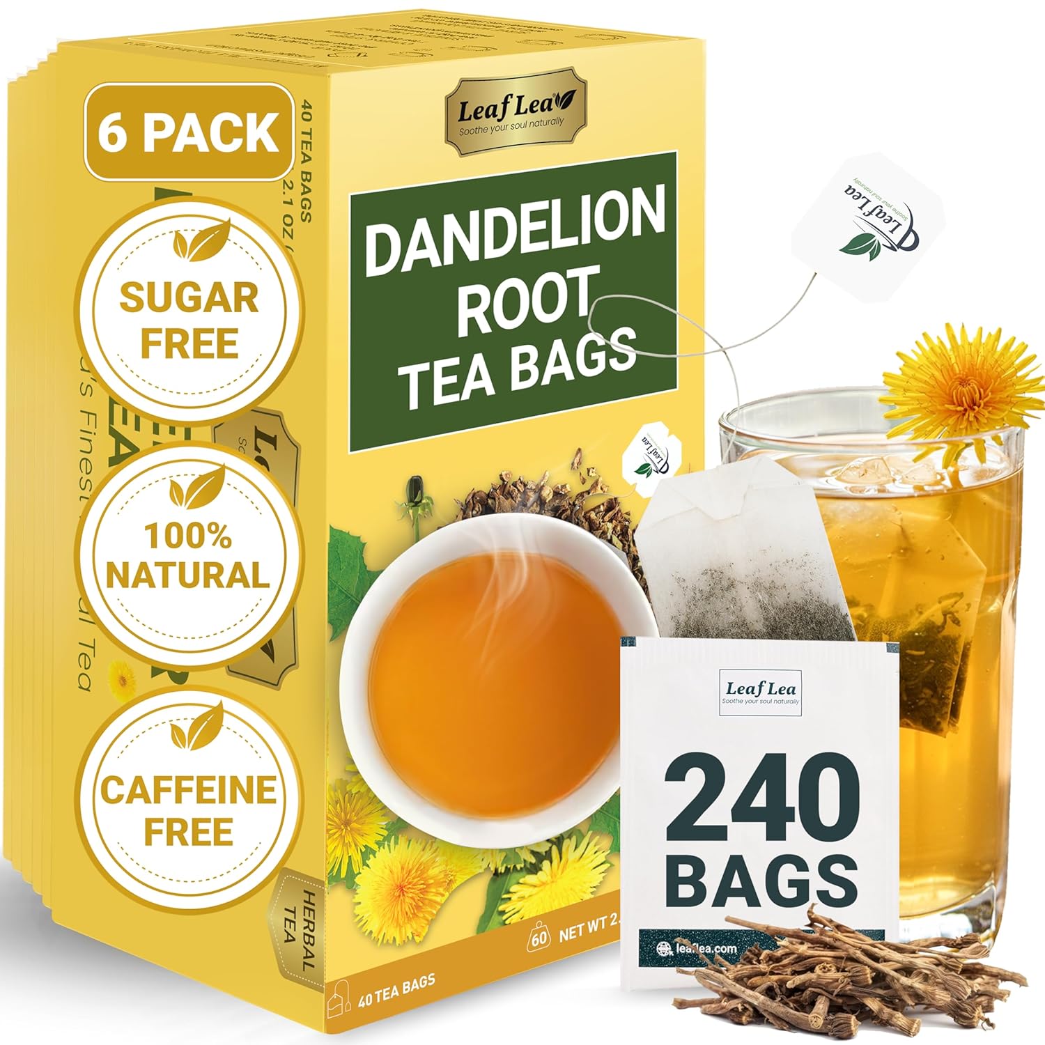 LeafLea Dandelion Root Tea Bags, 240 Count, Natural Dandelion Herbal Tea Blend, 100% Natural & Pure Dandelion Root, Caffeine-Free, Sugar-Free, Vegan, Sealed for Fresh Flavor, Pack of 6
