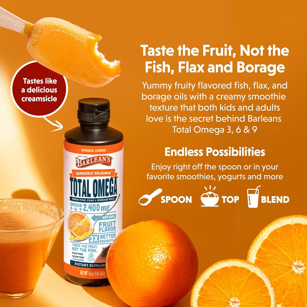 Barlean's Total Omega 3 6 9 Orange Crème Liquid Fish Oil Supplement with Borage and Flaxseed Oil, 2,400 mg of Omegas EPA and DHA Plus GLA for Joint and Heart Health, 8 oz