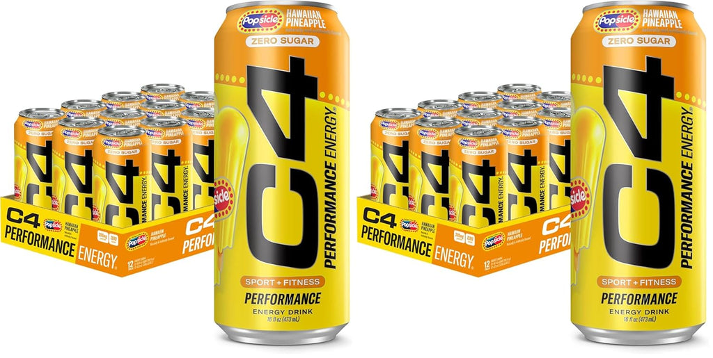 Cellucor C4 Energy Drink x Hawaiian Pineapple Popsicle, Carbonated Sugar Free Pre Workout Performance Drink with no Artificial Colors or Dyes, 16 Oz, Pack of 24