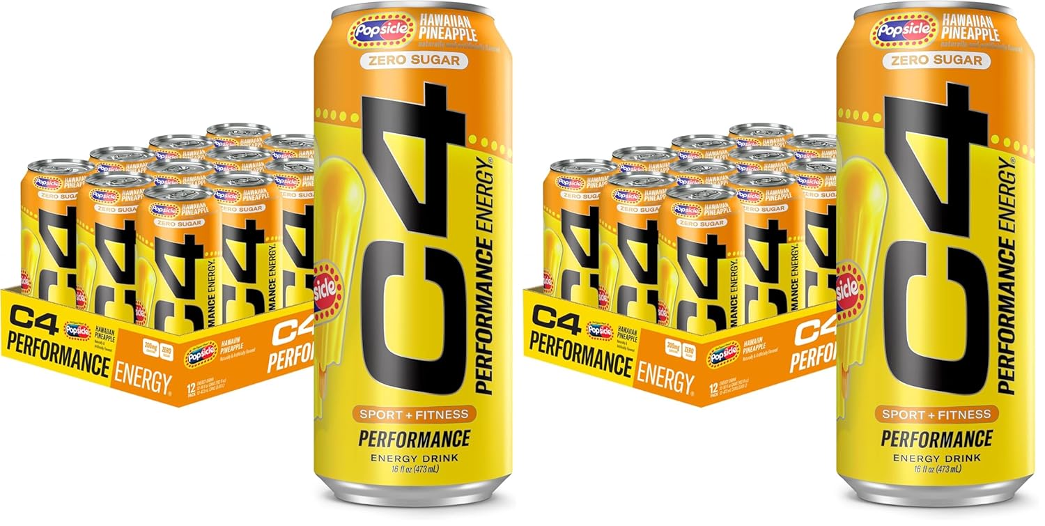 Cellucor C4 Energy Drink x Hawaiian Pineapple Popsicle, Carbonated Sugar Free Pre Workout Performance Drink with no Artificial Colors or Dyes, 16 Oz, Pack of 24