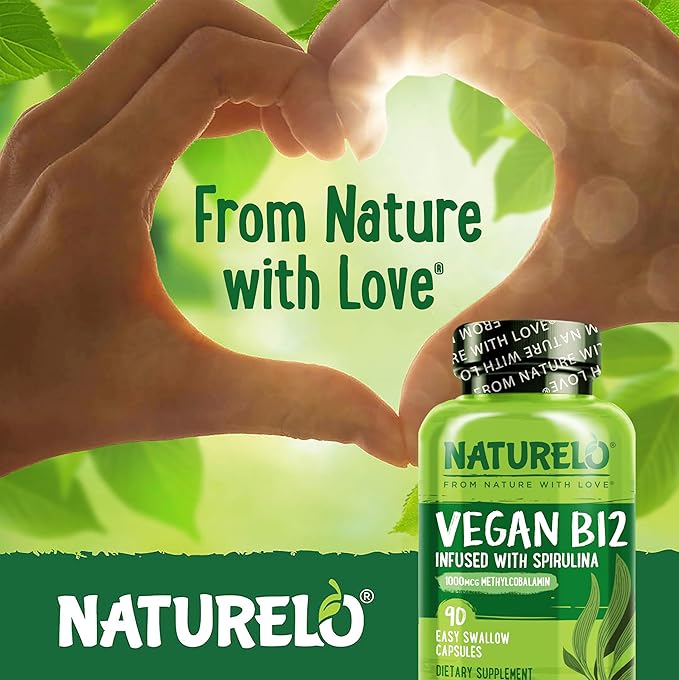 NATURELO Vegan B12 - Methyl B12 with Organic Spirulina - 90 Capsules and Magnesium Glycinate Chelate Complex - 120 Capsules Bundle