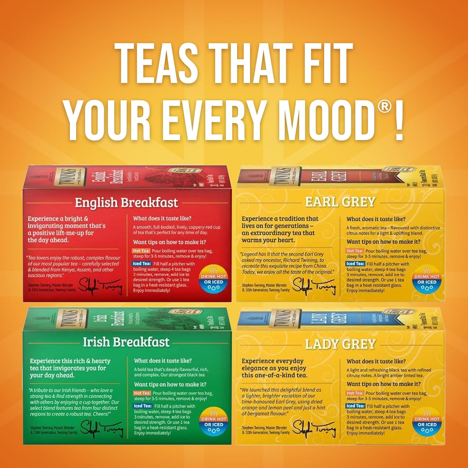 Twinings Variety Pack Black Tea Bags, 20 Count (Pack of 4), Includes English Breakfast, Earl Grey, Irish Breakfast, and Lady Grey, Caffeinated, Enjoy Hot or Iced, 80 Teabags