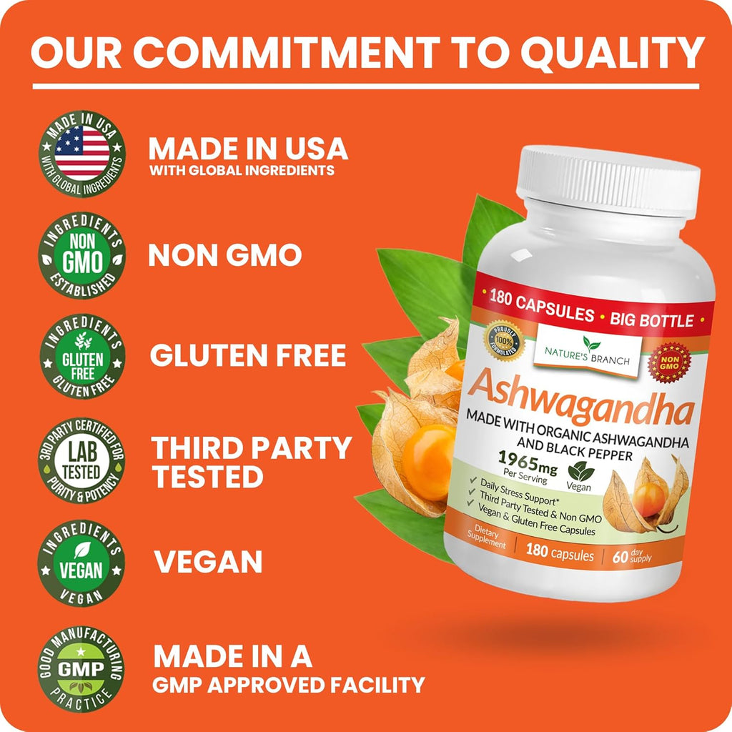 UDAF Verified Organic Ashwagandha with Black Pepper - 180 Capsules - 1965mg Extra Strength for Stress, Sleep, Mood, Thyroid, Focus, Hair, Vegan Pure Root Extract Powder - Men and Women Supplements