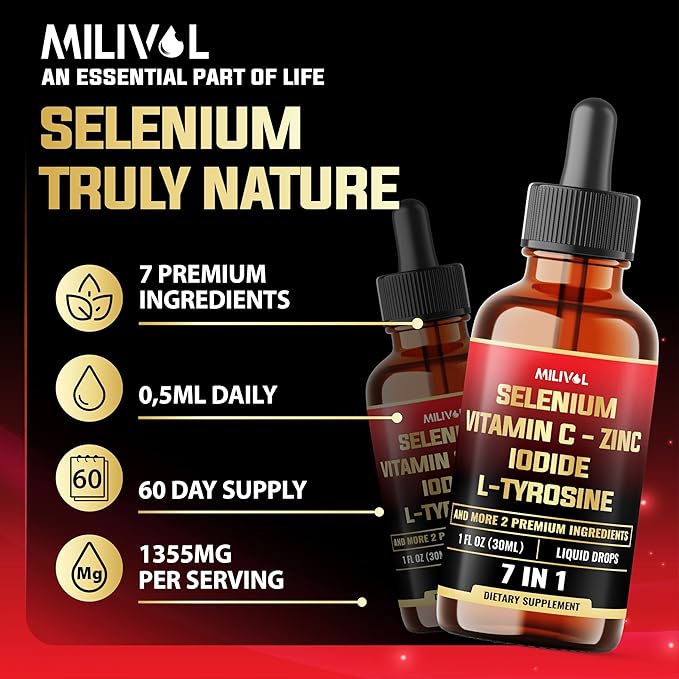 7in1 Selenium Liquid Drops – 200mcg Selenomethionine for Men & Women – Pure Thyroid Support Supplement – High Absorption Tincture – for Immune & Energy Support - 1FL Oz - 60 Day Support