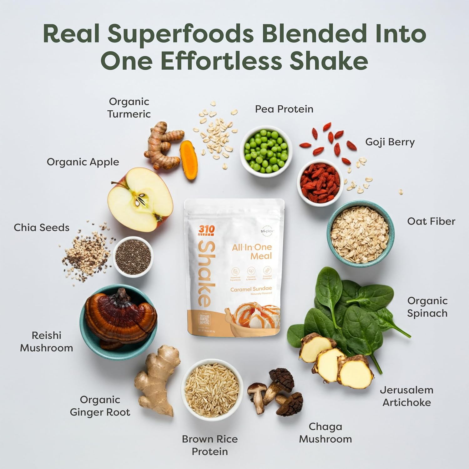 310 Nutrition All-In-One Meal Replacement Shake Powder - Plant-Based Protein Smoothie Blend w/High Fiber, Probiotics & Adaptogens - Low Carb, Vegan, Keto & Paleo Friendly - Caramel Sundae - 14 Srv