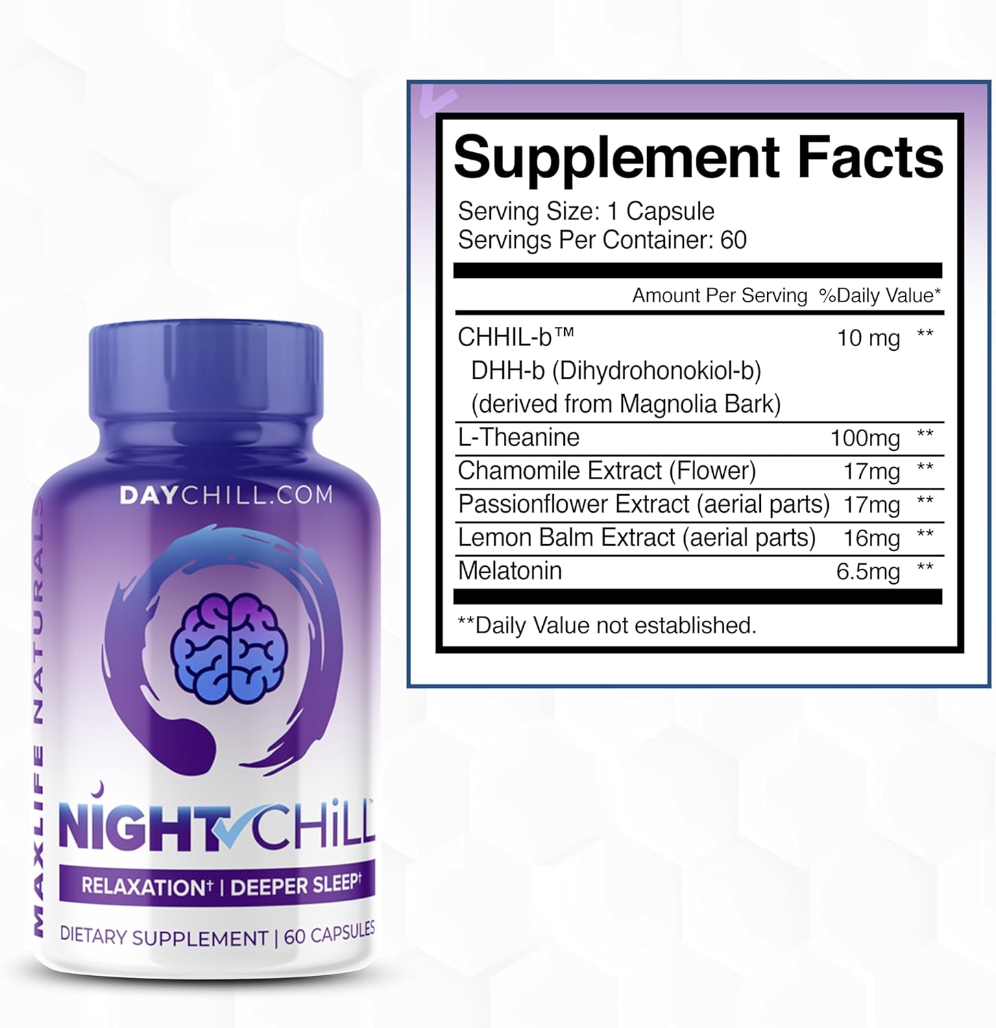 Night Chill Sleep Supplement – 60 Capsules - Restful Sleep Support with DHH-B from Magnolia Bark and L-Theanine Supplement - Stress Calm Mood Support - Sleeping Pills for Adults by MaxLife Naturals