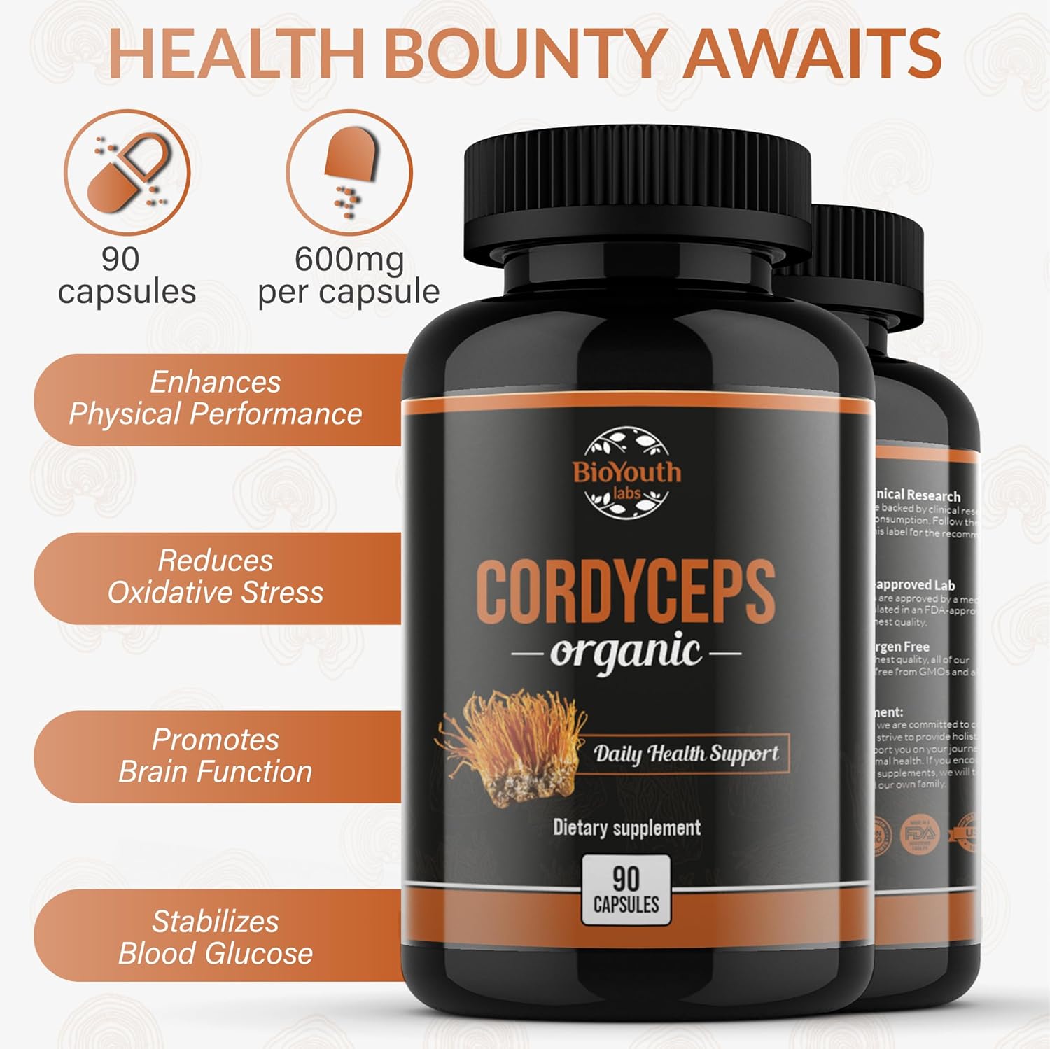 Cordyceps Organic Dietary Supplement - Natural Energy Boost and Respiratory Health Support with Cordyceps Militaris, Clinically Backed, Non-GMO & Allergen-Free | 90 Capsules
