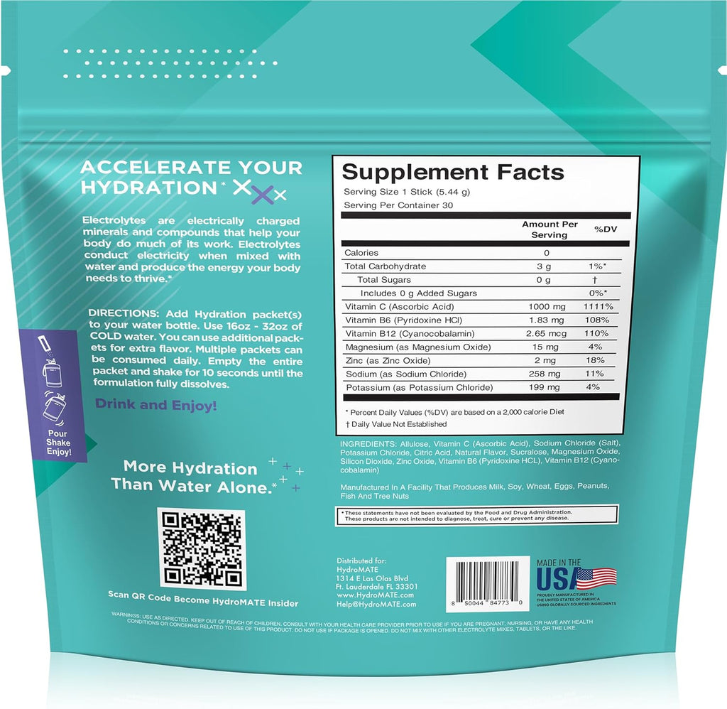Electrolyte Powder Sugar-Free Hydration Packets Acai Berry HydroMATE 30 Sticks
