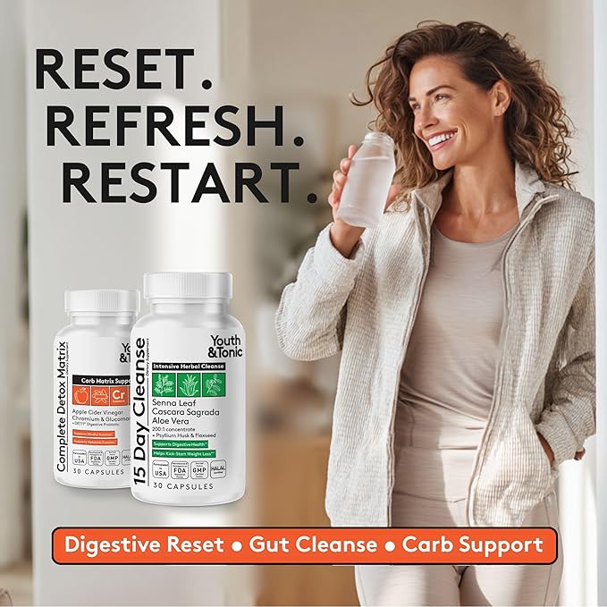 Youth & Tonic 15 Day Cleanse & Carb Matrix Support for Bloating & Metabolism, Intensive Herbal Colon Cleanser & Gut Detox for Digestive Reset with Senna, Glucomannan & Chromium, 60 Pills