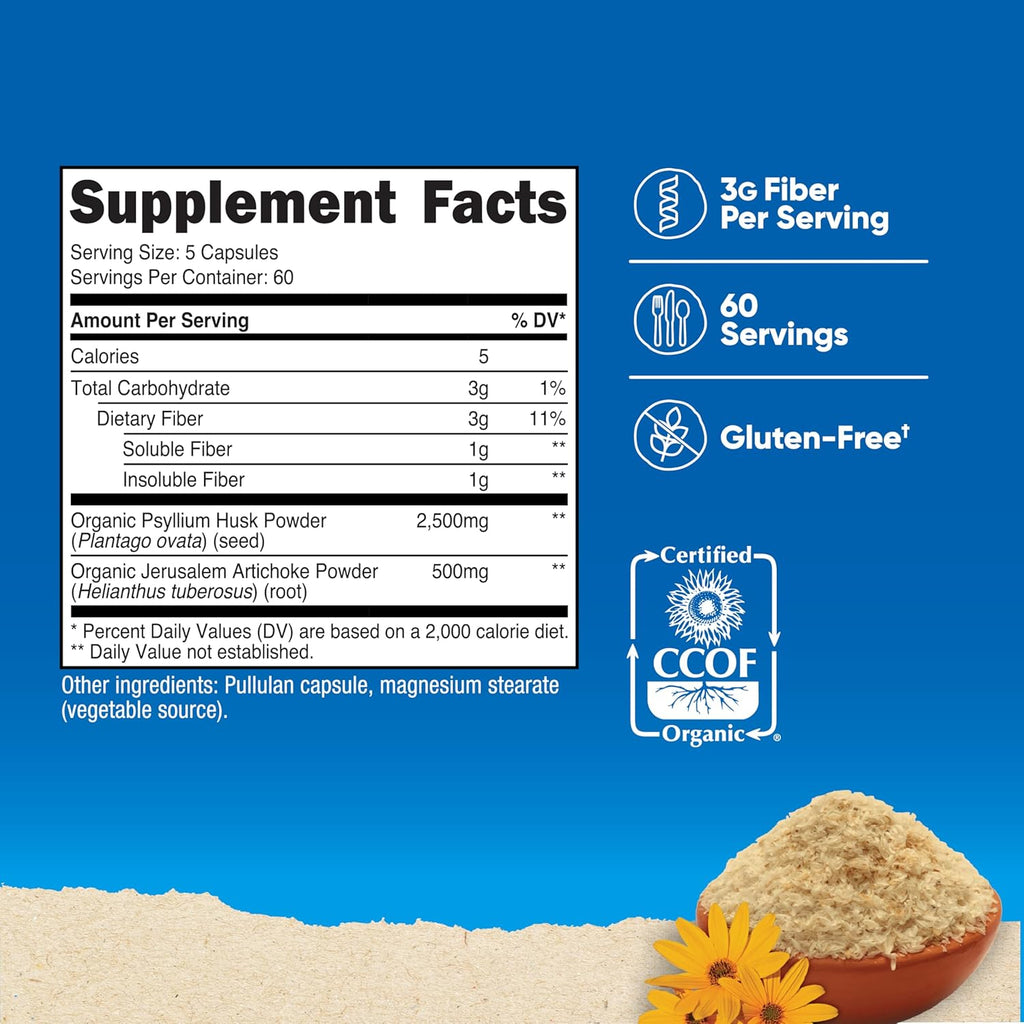 Nutricost Fiber Capsules with Prebiotic Fiber Supplement 300 Capsules - Made with Organic Psyllium Husk & Organic Jerusalem Artichoke, 60 Servings, Gluten Free, 3 G Per Serving