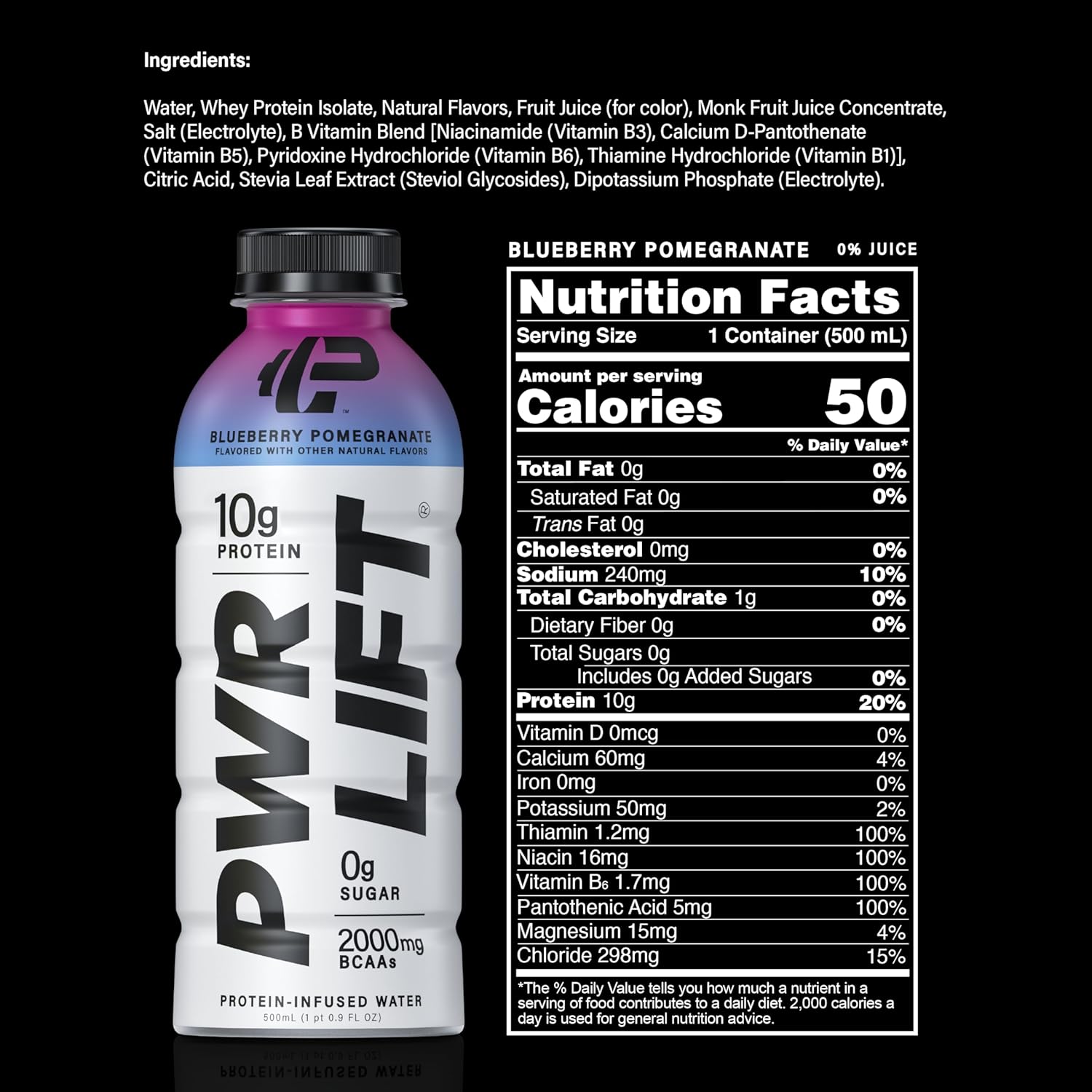 Whey Protein Water Sports Drink by PWR LIFT | Blueberry Pomegranate | Keto, Vitamin B, Electrolytes, Zero Sugar, No Artificial Flavors, No Chalky Aftertaste | | Post-Workout Energy Protein Beverage | 16.9 Oz (Pack of 12)