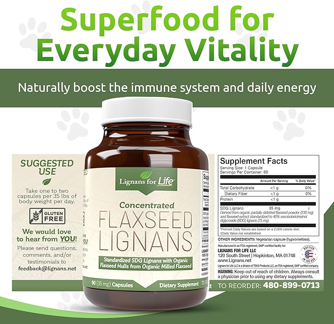 Lignans for Life Flaxseed Lignans for Dogs & People + SDG - Omega 3 Fatty Acids, High Fiber Antioxidants - Improve Shiny Coat, Digestive & Heart Health for Dogs, 35mg, 90 Flaxseed Capsules, 1 Pack