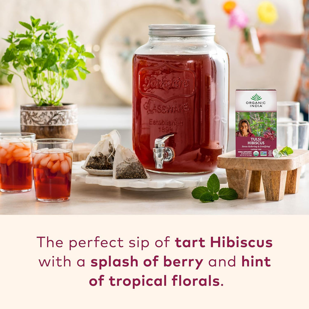Organic India Tulsi Hibiscus Tea Bags - Holy Basil Herbal Tea, Stress Relieving, Immune Support, USDA Organic, Calming, Caffeine Free- 18 Bags, 6 Pack