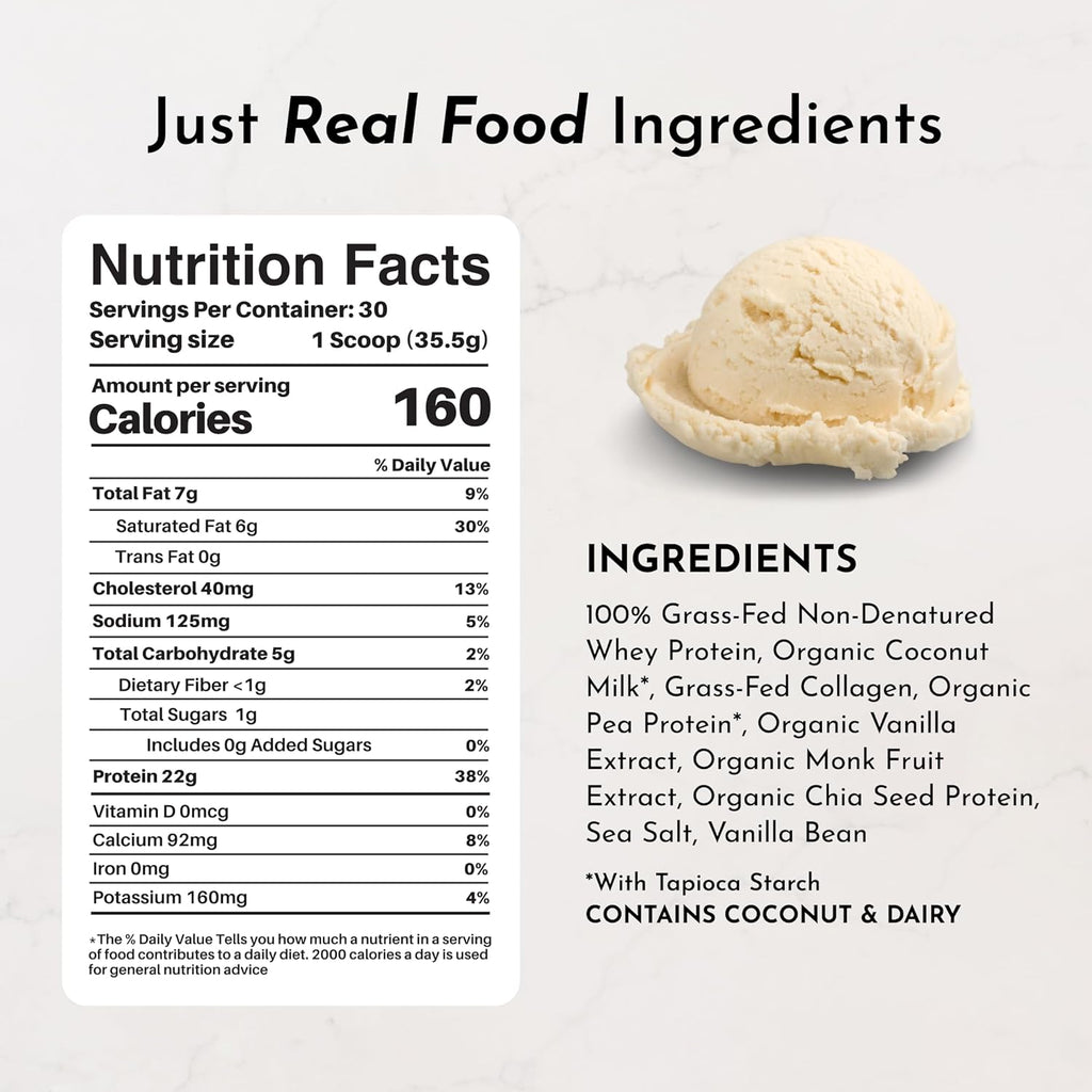 JUST INGREDIENTS French Vanilla Protein Powder – 30 Serving Bag – Grass-Fed Whey & Plant Protein Blend with Real Vanilla Bean – Sweetened with Coconut Sugar & Monk Fruit, Non-GMO, Gluten-Free