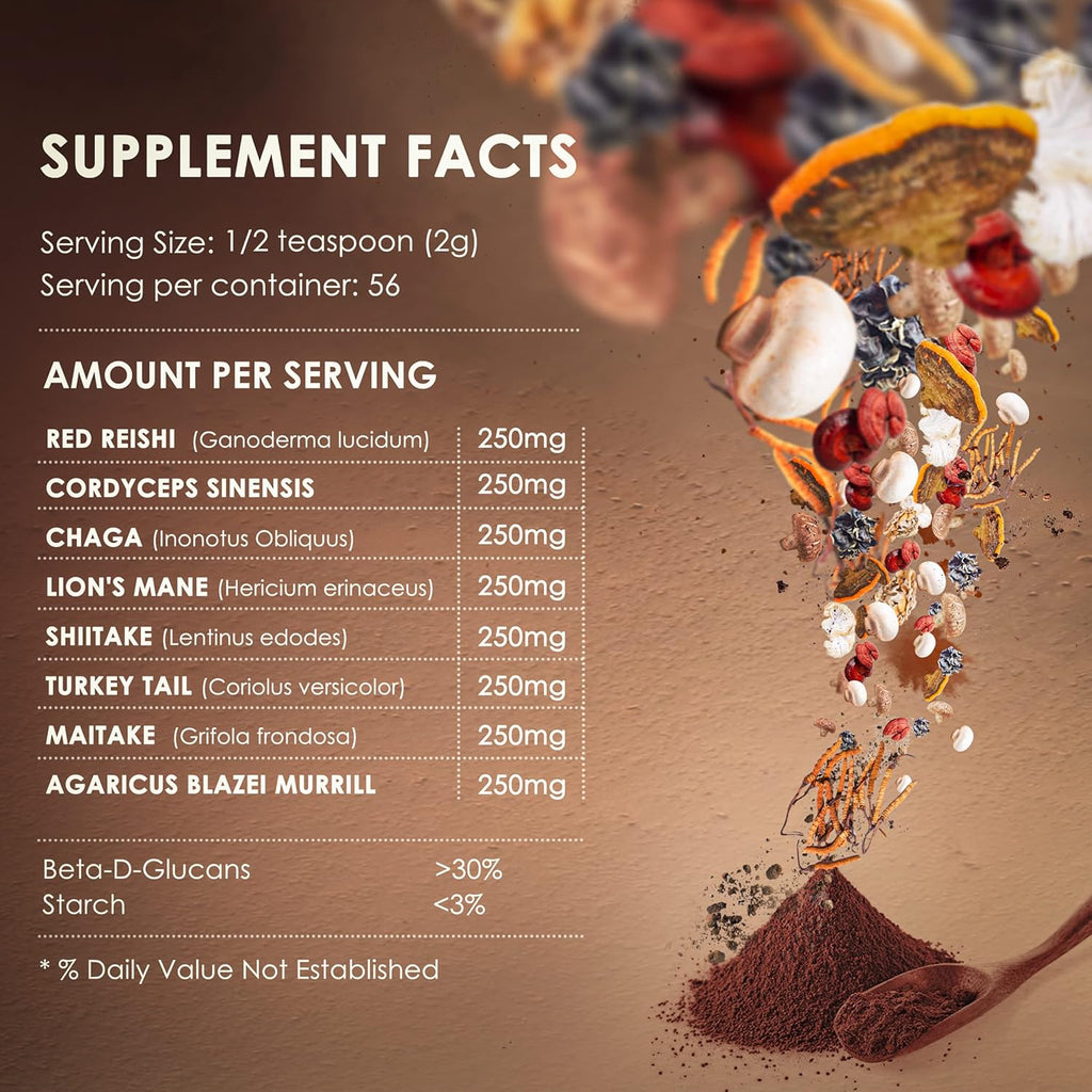 KIKI Green 8 Mushrooms Powder Extract - 4 oz Adaptogenic Complex for Coffee and Smoothies - Lion's Mane, Chaga, Reishi, Cordyceps, Maitake, Shiitake - Focus and Energy
